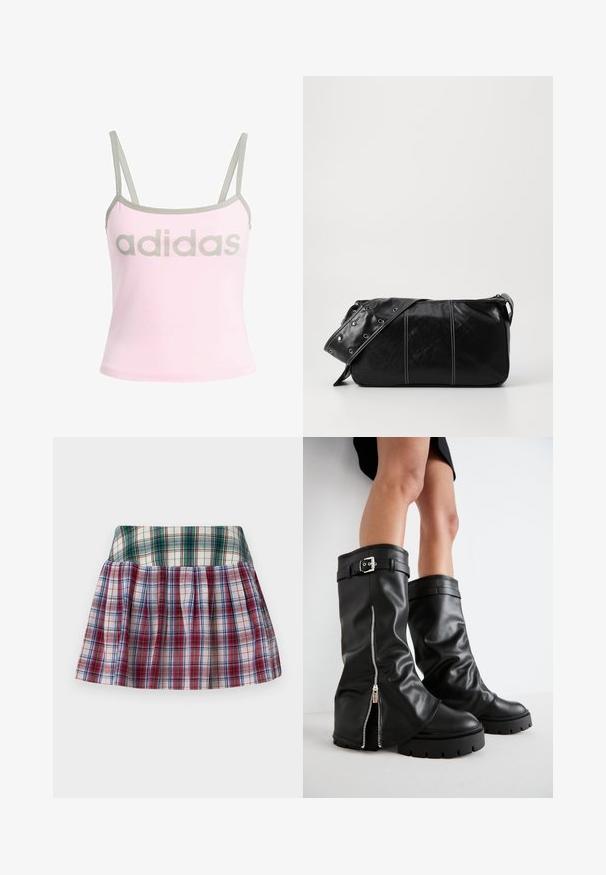 Ανοιχτό ροζ αμάνικο μπλουζάκι με γκρι περιθώρια και ρυθμιζόμενες σπάγκους, που διαθέτει ένα μεγάλο, κεντραρισμένο γκρι λογότυπο «adidas». Υλικό από βαμβάκι.; Sinead Gorey STRIPED PLEATED MINI SKIRT - Μίνι φούστα - green/red; Μαύρες δερμάτινες μπότες μέχρι το γόνατο με φαρδιά σφήνα, διαθέτουν πλαϊνό φερμουάρ και διακόσμηση με πόρπη, υφή με ανάγλυφο φινίρισμα και χοντρή καουτσούκ σόλα.; Μαύρη δερμάτινη τσάντα ώμου με φερμουάρ, με υφή σώματος, λευκή ραφή και λουρί με ασημένιες οπές.