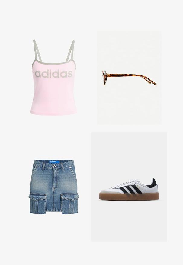 Ljusrosa tanktop med grå kant och justerbara spaghettiaxlar, med en stor, centrerad grå "adidas"-logotyp. Bomullsmaterial.; Jeansminikjol i ljusblå färg med en urblekt look. Har två stora framfickor och knappstängning framtill. Kan tvättas i maskin.; Vita läderskor med svarta ränder, sula av gummigummi, rund tå, snörning och mjuk grå mocka vid tån.; Sköldpaddsmönstrade solglasögon med en tjock ram, lätt böjda skalmar och en jämn yta. Har en klassisk design med en glansig finish.; Vit läderhandväska med guldfärgade detaljer, utrustad med flikstängning och justerbar, avtagbar rem. Rundad metalldekoration i mitten.
