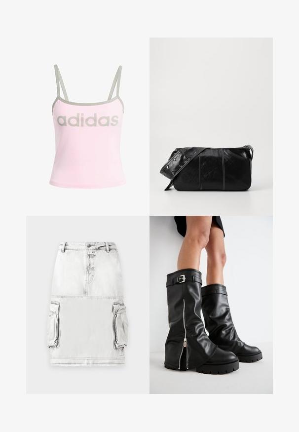 Gaiši rozā bezpiedurkņu augšdaļa ar pelēku apdari un regulējamiem spageti siksnām, ar lielu, centrēti izvietotu pelēku "adidas" logo. Izgatavota no kokvilnas materiāla.; Gai pelēks džinsu svārki ar augstu jostu, priekšējām pogām un divām sānu kabatām. Nedaudz nolietota auduma faktūra.; Melnas ādas zābaki līdz ceļiem ar plašu šuvi, ar sānu rāvējslēdzēju un sprādzi, teksturētu apdari un masīvu gumijas zoli.; Melnas ādas plecu soma ar rāvējslēdzēja aizdari, ar teksturētu virsmu, baltu dūrienu un siksnu ar sudraba iekavām.