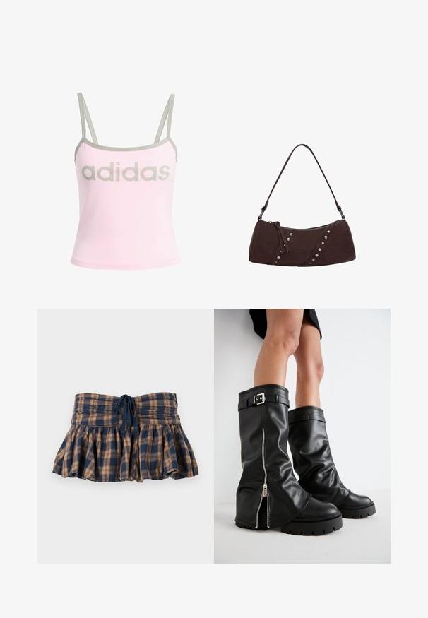 Svijetloružičasti top bez rukava s sivoj obrubi i podesivim trakama, s velikim, središnjim sivim "adidas" logotipom. Pamuk.; Karirana, raširena mini suknja u smeđoj i tamnoplavoj boji, izrađena od laganog materijala. Sadrži elastični struk i podesivu vezicu za prilagodbu.; Crne kožne čizme do koljena s širokim okovratnikom, s bočnim zatvaračem i detaljem od kopče, teksturiranom završnom obradom i debelim gumenenim potplatom.; Smeđa torba od sintetičke kože s zakrivljenim oblikom, zatvaranjem na patentni zatvarač i dekorativnim srebrnim šiljcima duž jedne strane. Ima kratku naramenicu.