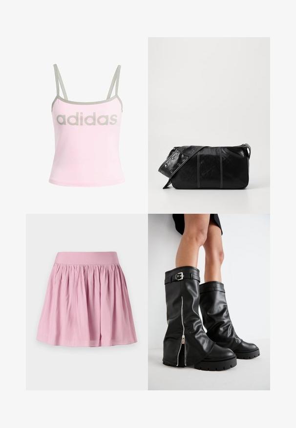 Top de alças rosa claro com detalhes em cinza e alças ajustáveis, apresentando um grande logotipo cinza "adidas" ao centro. Material de algodão.; Saia rosa clara com corte evasê, cintura elástica e tecido franzido, apresentando uma textura suave e um corte até ao joelho. Sem padrões ou detalhes.; Botas pretas de couro até ao joelho com um cano largo, apresentando um fecho lateral com zíper e um detalhe em fivela, acabamento texturizado e sola de borracha robusta.; Bolsa de ombro em couro preto com fecho em zíper, apresentando um corpo texturizado, costura branca e uma alça com ilhós prateados.