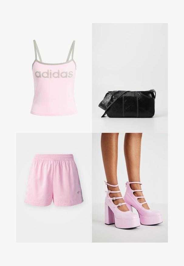 Svetlo roza top brez rokavov z sivo obrobo in nastavljivimi spaghetti naramnicami, ki ima velik, centriran sivi logotip "adidas". Material: bombaž.; Roza atletska kratka hlače z elastičnim pasom, ki imajo sivo črto ob straneh in majhen logotip spredaj. Narejene so iz lahkega materiala.; Koi Footwear PEARL DEWDROP PLATFORM HEELS - Visoke pete - pink; Črna usnjena torba za ramo z zadrgo, ki ima teksturirano telo, belo šivanje in trak s srebrnimi luknjami.