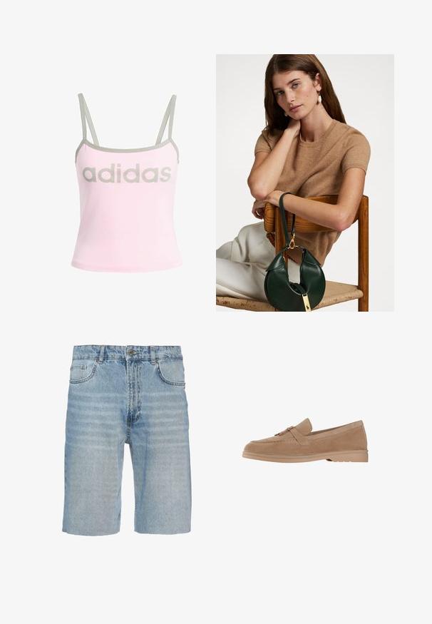 Light pink tank top with gray trim and adjustable spaghetti straps, featuring a large, centered gray "adidas" logo. Cotton material.; Denim shorts in light blue, featuring a classic five-pocket design, button closure, straight cut, and subtle fading detail on the fabric.; Suede loafers in light beige with a rounded toe, featuring a decorative strap and gold-toned detailing, set on a light rubber sole.; Brown short-sleeve sweater paired with a green leather bag featuring a curved design and gold hardware detail, sitting on a wooden chair.
