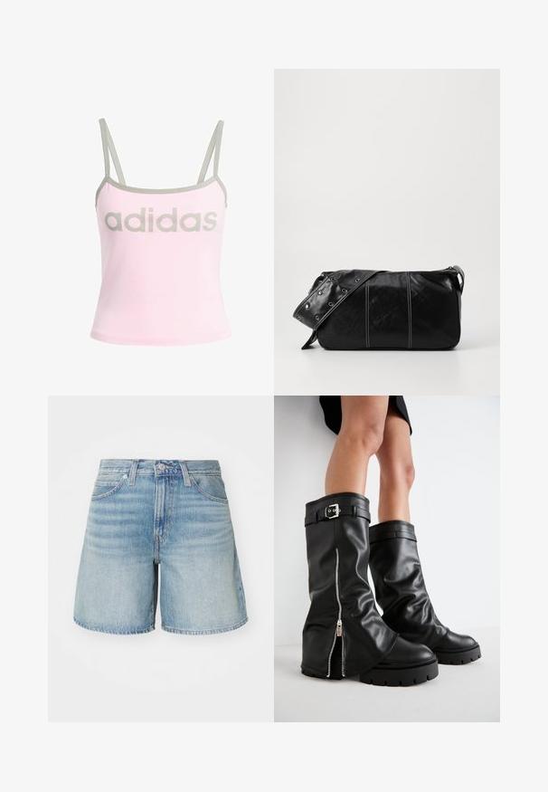 Jasnoróżowy top na ramiączkach z szarymi wykończeniami i regulowanymi ramiączkami spaghetti, z dużym, centralnie umieszczonym szarym logo "adidas". Materiał bawełniany.; Jasnoniebieskie dżinsowe szorty o prostym kroju, z pięcioma kieszeniami, szlufkami na pasek i lekko postrzępionym dołem. Klasyczna tekstura i wykończenie dżinsów.; Czarne skórzane kozaki do kolan o szerokiej cholewce, z bocznym zamkiem błyskawicznym i akcentem w postaci klamry, o teksturowanym wykończeniu i masywnej gumowej podeszwie.; Czarna skórzana torba na ramię z zamkiem błyskawicznym, charakteryzująca się teksturowanym korpusem, białymi przeszyciami oraz paskiem z srebrnymi osłonkami.