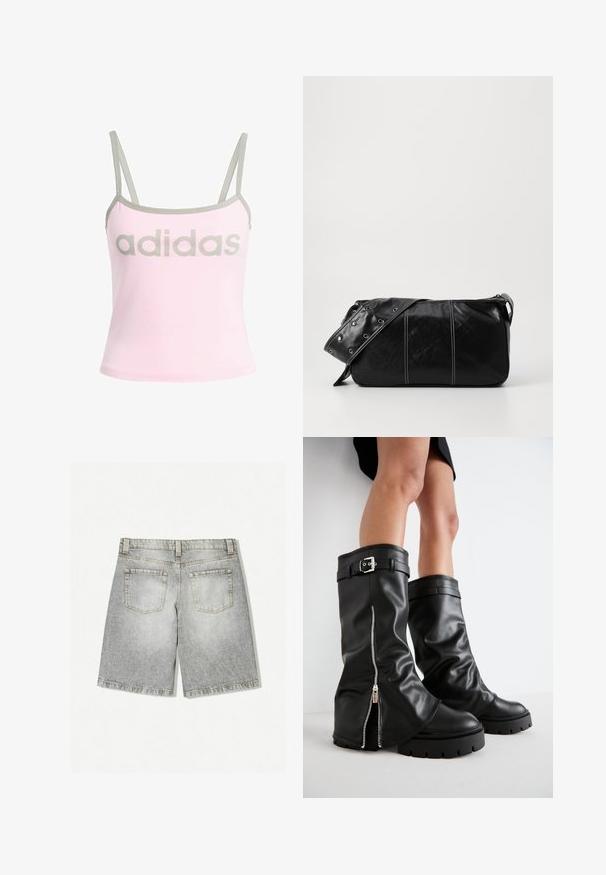 Svetlo roza top brez rokavov z sivo obrobo in nastavljivimi spaghetti naramnicami, ki ima velik, centriran sivi logotip "adidas". Material: bombaž.; Sive kavbojske kratke hlače s strganim robom, ki vključujejo dva zadnja žepa in zbledel videz. Narejene iz srednje težkega materiala.; Črne usnjene škornje do kolen s širokim zgornjim delom, ki imajo stransko zadrgo in dekorativno sponko, teksturirano površino ter masiven gumijast podplat.; Črna usnjena torba za ramo z zadrgo, ki ima teksturirano telo, belo šivanje in trak s srebrnimi luknjami.
