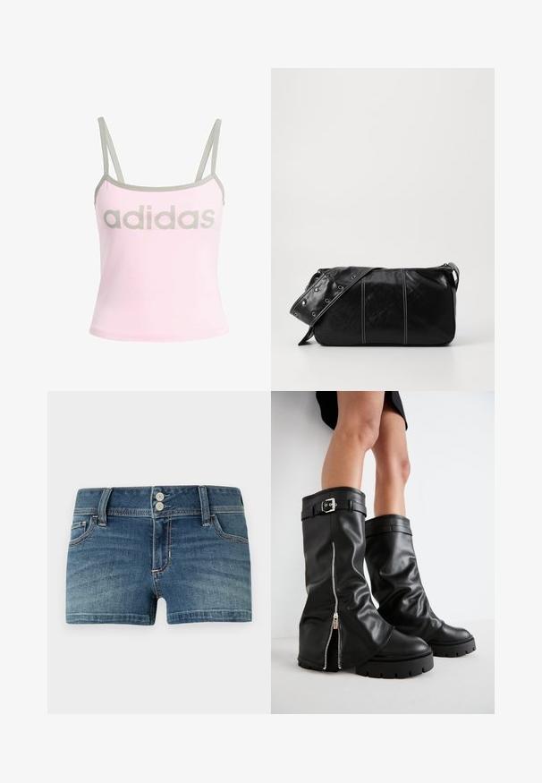 Svetlo roza top brez rokavov z sivo obrobo in nastavljivimi spaghetti naramnicami, ki ima velik, centriran sivi logotip "adidas". Material: bombaž.; Hollister Co. Low-Rise Medium Wash Denim Shortie Shorts - Kratke hlače iz džinsa - blue denim; Črne usnjene škornje do kolen s širokim zgornjim delom, ki imajo stransko zadrgo in dekorativno sponko, teksturirano površino ter masiven gumijast podplat.; Črna usnjena torba za ramo z zadrgo, ki ima teksturirano telo, belo šivanje in trak s srebrnimi luknjami.