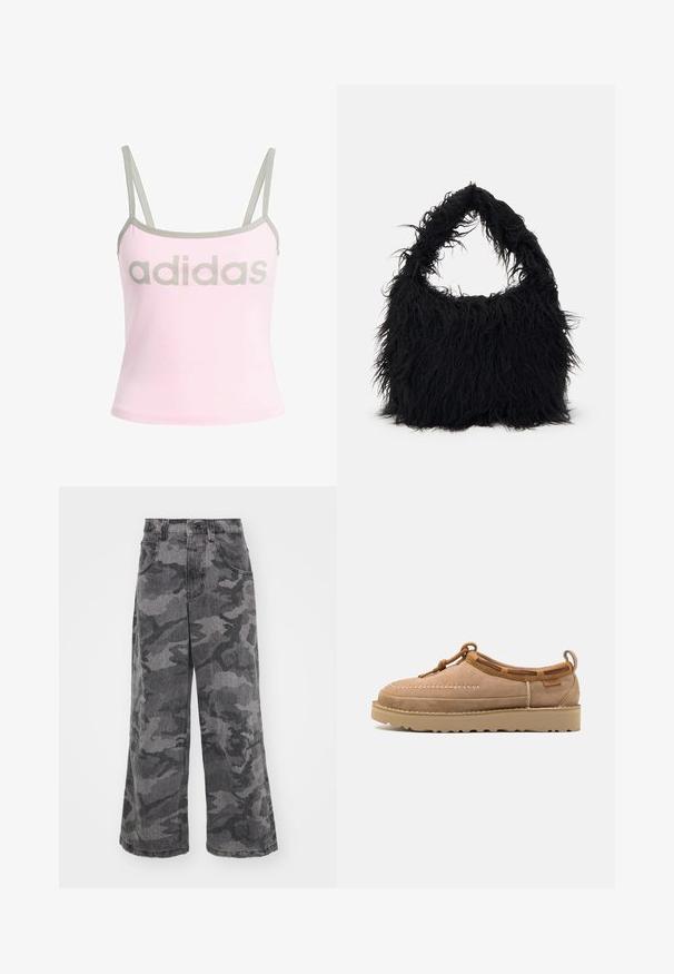 Light pink tank top with gray trim and adjustable spaghetti straps, featuring a large, centered gray "adidas" logo. Cotton material.; Wide-leg camouflage jeans in shades of gray, made of denim, featuring two side pockets and a high waist design. Textured fabric with a printed pattern.; Light brown suede slip-on shoe with a rounded toe, featuring decorative stitching, leather accents, and a rubber sole.; Even&Odd Tote bag - black