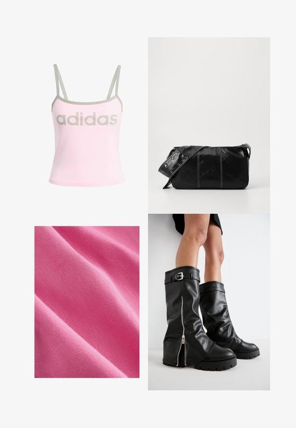 Helles rosa Tanktop mit grauen Akzenten und verstellbaren Spaghetti-Trägern, mit einem großen, mittig platzierten grauen "adidas"-Logo. Aus Baumwollmaterial.; Rosa Baumwollstoff mit glatter Textur, der eine diagonale Faltung zeigt und das Webmuster sowie die gleichmäßige Färbung durchscheinen lässt.; Schwarze Lederstiefel bis zum Knie mit weiter Schaftweite, seitlichem Reißverschluss und Schnallenakzent, strukturierter Oberfläche und robuster Gummisohle.; Schwarze Leder Schultertasche mit Reißverschluss, ausgestattet mit einer strukturierten Oberfläche, weißen Nähten und einem Tragegurt mit silbernen Ösen.