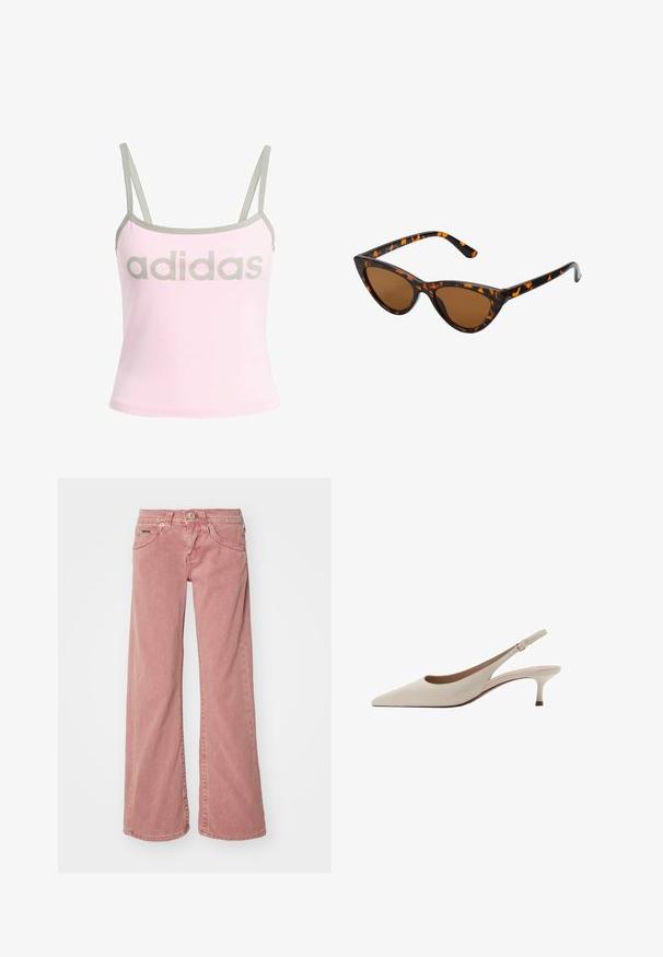 Světle růžový tílko s šedým lemem a nastavitelnými ramínky, se vzorem velkého, centrálního šedého loga "adidas". Materiál: bavlna.; BDG Urban Outfitters KAYLA DUSTY - Džíny Relaxed Fit - pink; Béžové lodičky na podpatku s špičatou špičkou a nízkým rozšířeným podpatkem. Vyrobené z hladké kůže s minimalistickým designem a nastavitelným páskem.; Sluneční brýle ve stylu kočičích očí s černo-oranžovým želvovinovým rámem, hnědými skly a elegantními, špičatými konci. Obsahují minimalistické logo na straně.