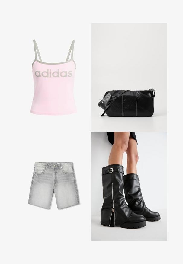 Svetlo roza top brez rokavov z sivo obrobo in nastavljivimi spaghetti naramnicami, ki ima velik, centriran sivi logotip "adidas". Material: bombaž.; Sive delovne kratke hlače z blago bledečo površino, ki imajo pet žepov, paščke za pas in sprednje zapiranje na gumb. Gladka tekstura.; Črne usnjene škornje do kolen s širokim zgornjim delom, ki imajo stransko zadrgo in dekorativno sponko, teksturirano površino ter masiven gumijast podplat.; Črna usnjena torba za ramo z zadrgo, ki ima teksturirano telo, belo šivanje in trak s srebrnimi luknjami.