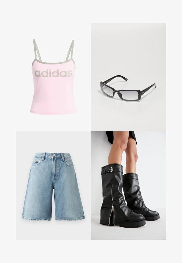 Svetloružový tielko s šedým lemovaním a nastaviteľnými tenkými ramienkami, so veľkým, centrálnym šedým logom "adidas". Bavlnený materiál.; Svetlo modré riflové šortky s voľným strihom, stredne vysokým pásom, piatimi vreckami a kontrastnými švovými detailmi. Tkanina má jemnú textúru.; Čierne kožené vysoké čižmy po kolená s širokým nohavičkou, so bočným zipsom a detailom s prackou, štruktúrovaným povrchom a robustnou gumovou podrážkou.; Čierne obdĺžnikové slnečné okuliare s gradientovými sklami, s hrubým rámom a kovovými dekoratívnymi detailmi na ramenách. Hladký povrch po celom obvode.; Čierna kožená kabelka s klopou, striebornými kovovými prvkami, dvoma prednými vreckami, kontrastným prešívaním a odnímateľným ramenným popruhom.