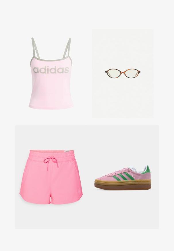 Svetlo roza top brez rokavov z sivo obrobo in nastavljivimi spaghetti naramnicami, ki ima velik, centriran sivi logotip "adidas". Material: bombaž.; Roza atletska kratka hlače z elastičnim pasom in nastavljivo vrvico. Imajo gladek material in majhen znak na strani.; Roza semširna športna obutev z zelenimi črtami, belimi detajli in rjavim gumijastim podplatom. Ima teksturovan material in logotip na strani.; Kornjačaste očala z ovalnimi lečami in gladko, sijočo površino. Imajo tanke stranice z rahlim ovinkom na templjih. Prosojne leče.