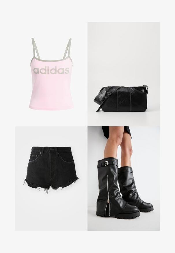 Top de alças rosa claro com detalhes em cinza e alças ajustáveis, apresentando um grande logotipo cinza "adidas" ao centro. Material de algodão.; Calções de ganga pretos com bainha desfiada, design clássico de cinco bolsos e fecho com botão de metal. Apresentam uma cintura alta e textura desgastada.; Botas pretas de couro até ao joelho com um cano largo, apresentando um fecho lateral com zíper e um detalhe em fivela, acabamento texturizado e sola de borracha robusta.; Bolsa de ombro em couro preto com fecho em zíper, apresentando um corpo texturizado, costura branca e uma alça com ilhós prateados.