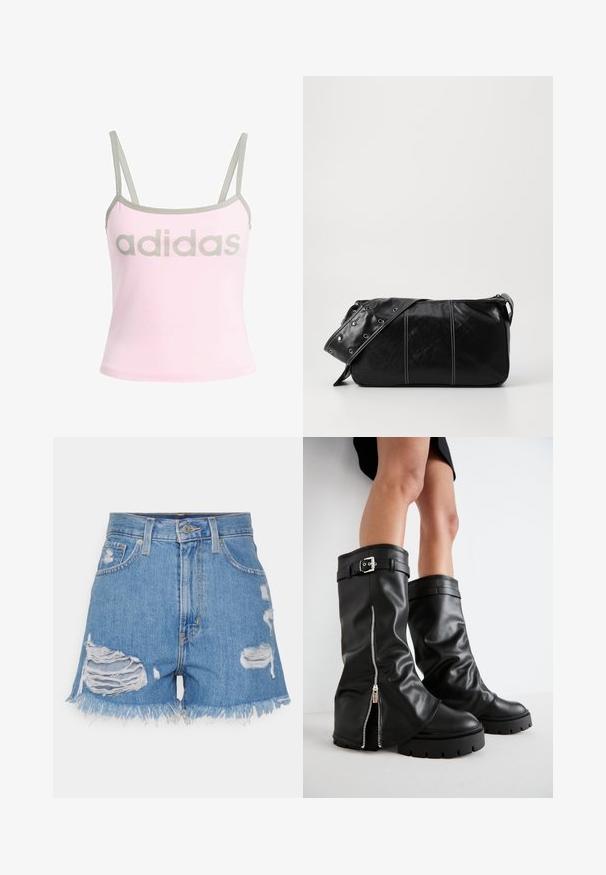 Világos rózsaszín ujjatlan felső szürke díszítéssel és állítható spagetti pántokkal, középen elhelyezett nagy szürke "adidas" logóval. Pamut anyagból készült.; Világoskék, magas derekú farmer rövidnadrág, megviselt, szakadt elemekkel. Fröcskölt szegéllyel és klasszikus öt zsebes kialakítással rendelkezik, gombos záródással.; Fekete bőr, térd fölé érő csizmák széles szárwith, oldalsó cipzárral és csatos díszítéssel, textúrált felülettel és vastag gumitalppal.; Fekete bőr válltáska, cipzárral zárva, texturált felülettel, fehér varrással és ezüst fémgyűrűs pánttal.