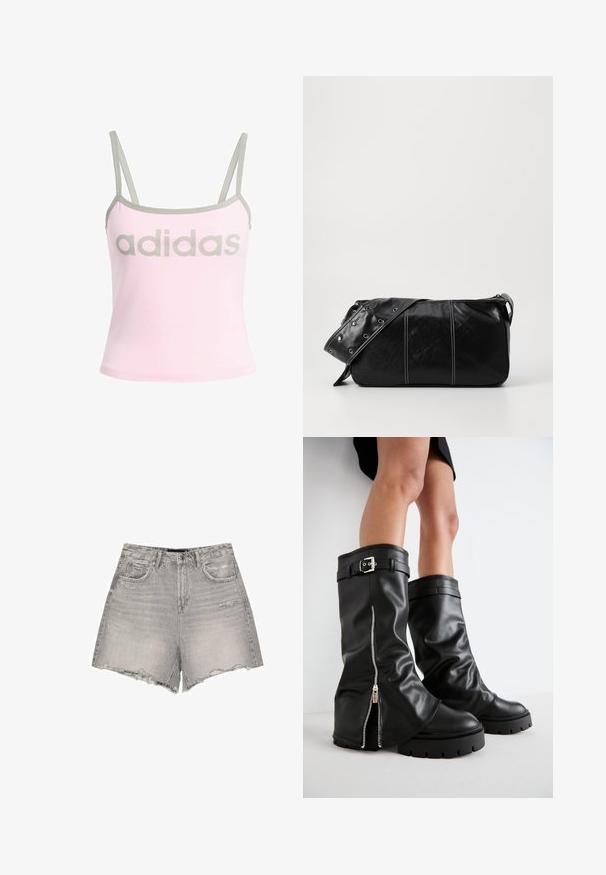 Top senza maniche di colore rosa chiaro con bordi grigi e spalline regolabili, caratterizzato da un grande logo "adidas" grigio al centro. Materiale in cotone.; Shorts in denim grigio con vita alta, orlo sfrangiato, leggero effetto vissuto e classico design a cinque tasche.; Stivali alti neri in pelle con alti fianchi, dotati di cerniera laterale e accentuato con fibbia, finitura testurizzata e suola in gomma spessa.; Borsa a spalla in pelle nera con chiusura a zip, caratterizzata da un corpo testurizzato, cuciture bianche e una tracolla con occhielli in argento.