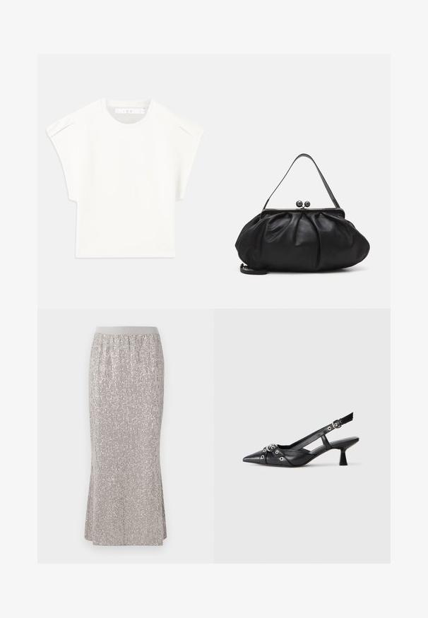 Biele štvorcové tričko s krátkymi rukávmi. Vyrobené z hladkej látky, s okrúhlym výstrihom a jemnými ramennými akcentmi. Jednoduchý dizajn.; Sukňa po kolená, strieborná s flitrami, s priliehavým pásom, s vertikálnymi lesklými vzormi a bočnými rozparkami pre pohodlný pohyb.; Čierne kožené slingback topánky s špicatou špičkou, ozdobnými popruhmi s kovovými očkami a nízkym blokovým podpätkom. Textúrovaný povrch.; Čierna kožená kabelka s zaobleným, nariadeným dizajnom. Disponuje kovovým zapínaním s dvoma dekoračnými guľôčkami a tenkým, odnímateľným popruhom.