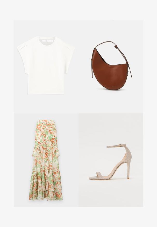 T-shirt blanc rectangulaire à manches courtes. Fabriqué en tissu lisse, avec un col rond et des accents subtils aux épaules. Design simple.; Jupe maxi florale avec un fond crème, imprimé de fleurs orange et vertes, couches froncées et design de taille ajustée.; Sandale à talons hauts avec lanières en rose doré métallisé, présentant un dessus texturé, un bout ouvert et une sangle de cheville avec une boucle dorée.; Sac à épaule en cuir marron avec une forme en croissant, une fine bandoulière marron et des accents subtils en métal doré. Présente une texture lisse et des coutures minimales.