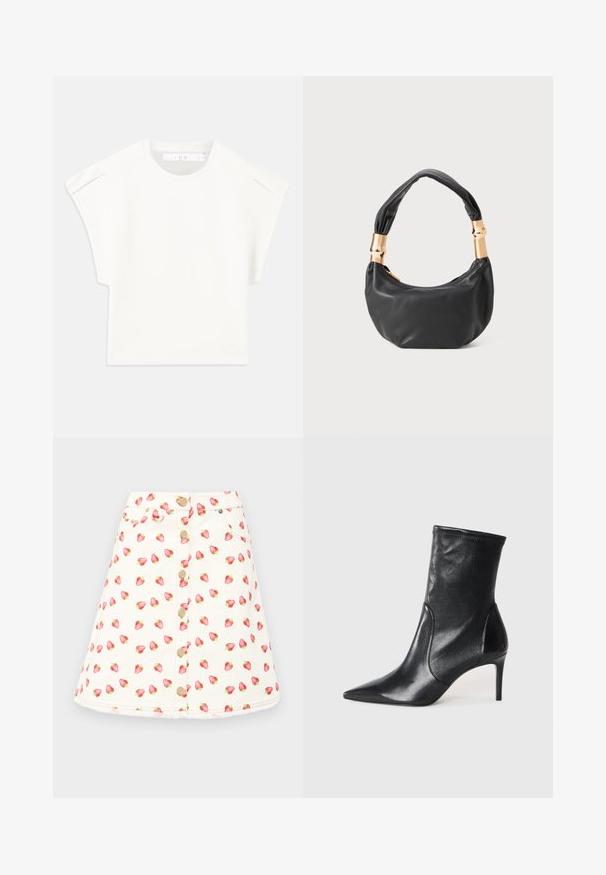 Balta kaste formas T-kreklā ar īsām piedurknēm. Izgatavots no gluda auduma, ar apaļu izgriezumu un nelieliem plecu akcentiem. Vienkāršs dizains.; Krēmkrāsas svārki ar A formas siluetu, izrotāti ar zemeņu rakstu, ar metāla pogām priekšpusē un sānu kabatām. Mīksta kokvilnas tekstūra.; Melnas potītes zābakus, kas izgatavoti no gludas ādas, ar norādītu purngaliņu, pieguļošu kāju un šauru augstu papēdi. Minimalistisks dizains bez redzamiem aksesuāriem.; Melnas ādas rokassoma ar apaļu formu, mīkstu tekstūru un mezgla rokturi, kas rotāts ar zelta tonētiem aksesuāriem. Ar rāvējslēdzēja aizdari.