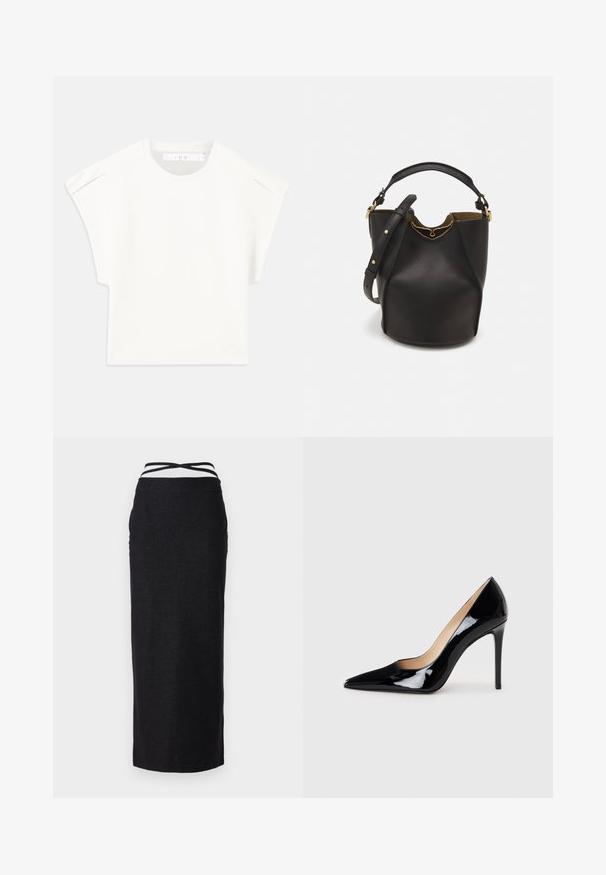 T-shirt blanc rectangulaire à manches courtes. Fabriqué en tissu lisse, avec un col rond et des accents subtils aux épaules. Design simple.; Jupe maxi noire en tissu lisse et léger, dotée d'une taille haute avec des bretelles croisées et d'une silhouette droite.; Escarpin noir en cuir verni avec un design à bout pointu et une silhouette élégante. Présente une finition lisse et brillante ainsi qu'un talon aiguille fin.; Sac seau en cuir noir avec une finition texturée, accents en matériel doré et une ouverture en haut. Il dispose d'une courte poignée et d'une sangle d'épaule réglable.