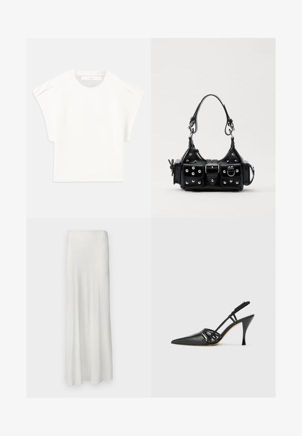 Balta kvadratinė marškinė su trumpomis rankovėmis. Pagaminti iš lygaus audinio, turi apvalią iškirptę ir subtilias pečių akcentus. Paprastas dizainas.; Ilga, balta sijonas su lygia, plaukiančia medžiaga. Turi paprastą, elastingą juosmenį ir tiesią siluetą, siekiančią kulkšnį.; Juodas odinis aukštakulnis slingback batelis su smailiu noseliu, kryžminiu dirželiu ir plonu stiletto kulnu. Lygus paviršius ir minimalūs akcentai.; Juodas odinis rankinukas su kreiviu dizainu, su sidabro spalvos knopkėmis, užsegimu ir dviem šoninėmis kišenėmis. Reguliuojama dirželis nešimui.