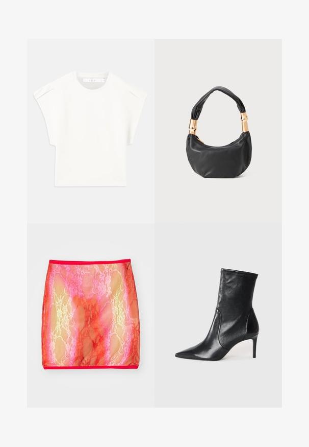 T-shirt blanc rectangulaire à manches courtes. Fabriqué en tissu lisse, avec un col rond et des accents subtils aux épaules. Design simple.; Jupe mini en dentelle transparente avec un dégradé de roses et de rouges, ornée d'un motif floral, finie par une taille rouge unie.; Bottes noires à la cheville en cuir lisse, dotées d'un bout pointu, d'un tige ajustée et d'un talon haut fin. Design minimaliste sans quincaillerie visible.; Sac à main en cuir noir de forme ronde, texture douce, et avec une anse nouée ornée d'accents en matériel doré. Fermeture éclair.