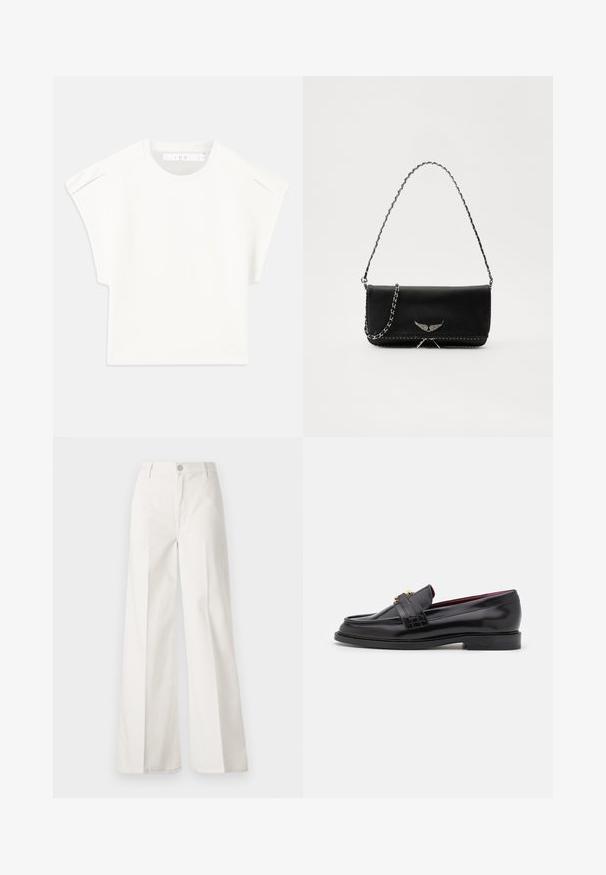 Weißes, kastig geschnittenes T-Shirt mit kurzen Ärmeln. Hergestellt aus glattem Stoff, mit Rundhalsausschnitt und dezenten Schulterakzenten. Einfaches Design.; Weiße weite Hosen aus Baumwolle mit glatter Textur. Sie verfügen über einen vorderen Knopf, einen Reißverschluss und ein Design mit vier Taschen.; Schwarze Lederloafers mit einem gestickten Muster, glatter Textur, goldenen Schnallendetails und einer runden Zehenform, auf einer niedrigen schwarzen Sohle.; Schwarze Lederhandtasche mit einem silbernen Kettenriemen, verziert mit dekorativen Flügelakzenten und weißen Nähten entlang der unteren Naht.