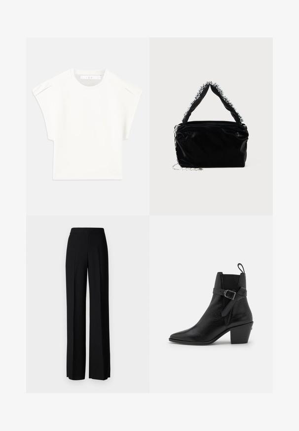 Bijela majica u kutijastom kroju s kratkim rukavima. Izrađena od glatkog materijala, sa okruglim izrezom i suptilnim naglascima na ramenima. Jednostavan dizajn.; Crne široke hlače s glatkom teksturom, s visokim strukom i središnjim pregibima. Nema vidljivih uzoraka ili hardverskih detalja.; Crne kožne čizme do gležnja s nazubljenim vrhom, debelim potplatom i detaljem na boku s kopčom. Imaju glatku teksturu i petu za povlačenje na poleđini.; Crna torbica od umjetne kože s teksturiranim završetkom, koja sadrži perlicu srebrnu detalj duž gornje ručke i lančanu naramenicu.