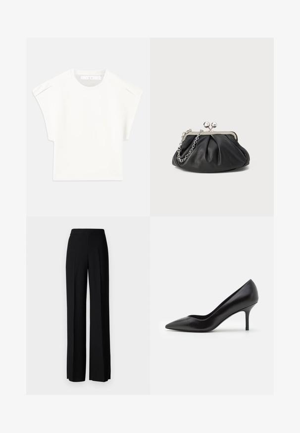 Vitt boxigt t-shirt med korta ärmar. Tillverkad av mjukt tyg, med rund halsringning och subtila axelaccenter. Enkelt design.; Svarta vida byxor med en slät textur, med hög midja och centrala veck. Inga synliga mönster eller hårdvarudetaljer.; Svart läder högklackad sko med spetsig tå och slank stilettklack, slät textur med minimal detaljering.; Svart läderclutch med rynkad struktur, silverfärgad metallram, lås med kysslås och kedjesnodd. Slät, mjuk yta.