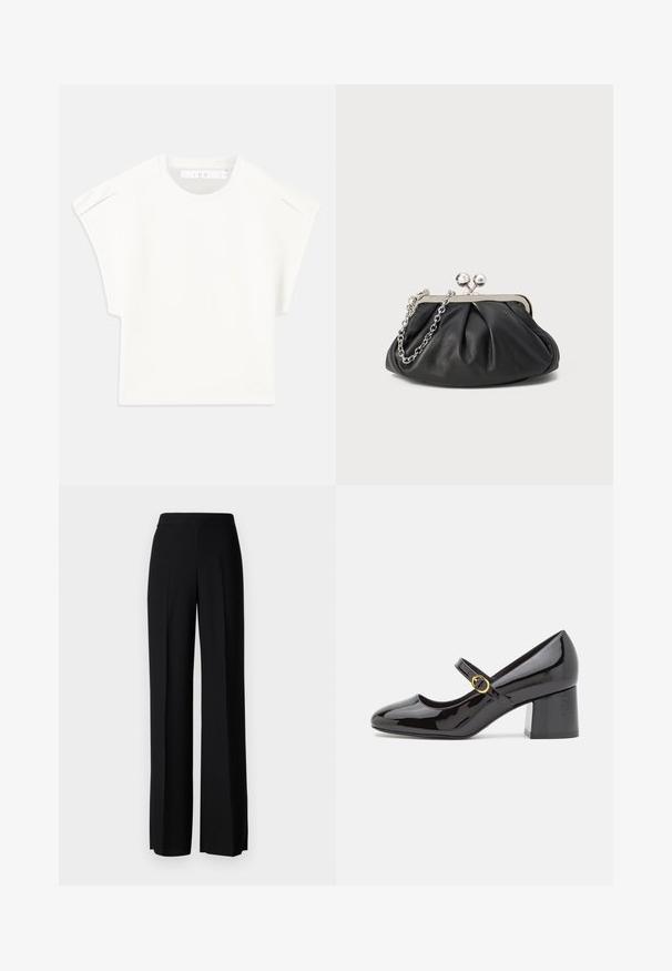 White boxy t-shirt with short sleeves. Made from smooth fabric, featuring a round neckline and subtle shoulder accents. Simple design.; Black wide-leg trousers with a smooth texture, featuring a high waistband and center pleats. No visible patterns or hardware details.; Stuart Weitzman STUART - Classic heels - black; Black leather clutch with gathered texture, silver-tone metal frame, kiss-lock closure, and chain strap. Smooth, soft surface.