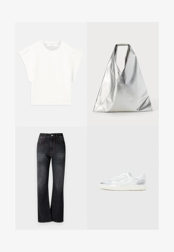 Bílý boxy tričko s krátkými rukávy. Vyrobeno z hladkého materiálu, s kulatým výstřihem a jemnými akcenty na ramenou. Jednoduchý design.; Černé džíny z denimu se rovnými nohavicemi, s oranžovým prošíváním, pěti kapsami a klasickým zapínáním na knoflík v pase.; Bílé tenisky s metalickým stříbrným akcentem, hladkým povrchem, kulatou špičkou, plochou podrážkou a tradičním šněrováním.; MM6 Maison Margiela CLASSIC JAPANESE HANDBAG - Kabelka - silver-coloured