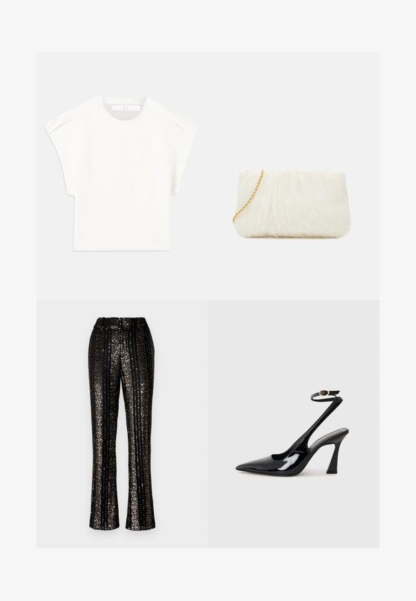 Fehér, doboz formájú póló rövid ujjakkal. Simára símított szövetből készült, kerek nyakkivágással és diszkrét vállrészletekkel rendelkezik. Egyszerű dizájn.; Fekete flitteres nadrág függőleges csíkokkal, rugalmas derékkal és harangszárú fazonnal, fényes díszítésekkel az anyag egész felületén.; Fekete lakk bőrből készült, slingback magas sarkú cipők, hegyes orral, állítható bokapánttal és mérsékelt tömbsarkal. Simább textúra, fényes felület.; Fehér, textúrált kistáska gyűrött dizájnnal, arany lánc pánttal. Simító felület finom hullámokkal és lekerekített élekkel.