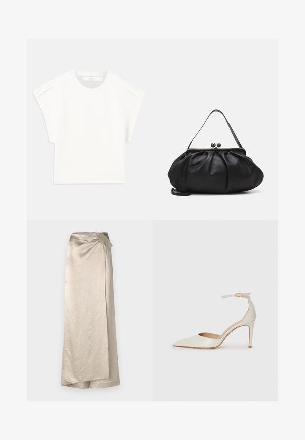 T-shirt blanc rectangulaire à manches courtes. Fabriqué en tissu lisse, avec un col rond et des accents subtils aux épaules. Design simple.; Jupe longue beige en tissu brillant et texturé. Elle présente un design enveloppant avec un accent en nœud sur le côté et un ourlet net.; Chaussure à talon haut en cuir blanc avec un bout pointu, une bride de cheville et un talon aiguille fin. Texture lisse avec une finition légèrement brillante.; Sac à main en cuir noir avec un design arrondi et plissé. Il possède un fermoir métallique avec deux boules décoratives et une bandoulière fine et amovible.
