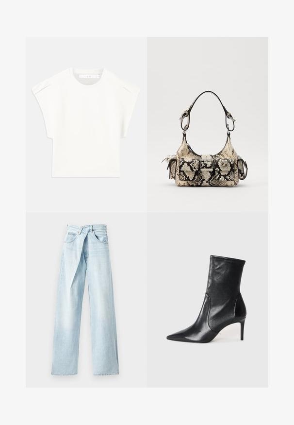 White boxy t-shirt with short sleeves. Made from smooth fabric, featuring a round neckline and subtle shoulder accents. Simple design.; Light blue wide-leg jeans made of denim, featuring a unique crossover waistband and five-pocket design. Smooth texture and straight cuts.; Black ankle boots made of smooth leather, featuring a pointed toe, fitted shaft, and a slim high heel. Minimalist design with no visible hardware.; Python-print handbag in beige and black, featuring a structured shape, buckle detail, and dual shoulder straps. Textured surface.