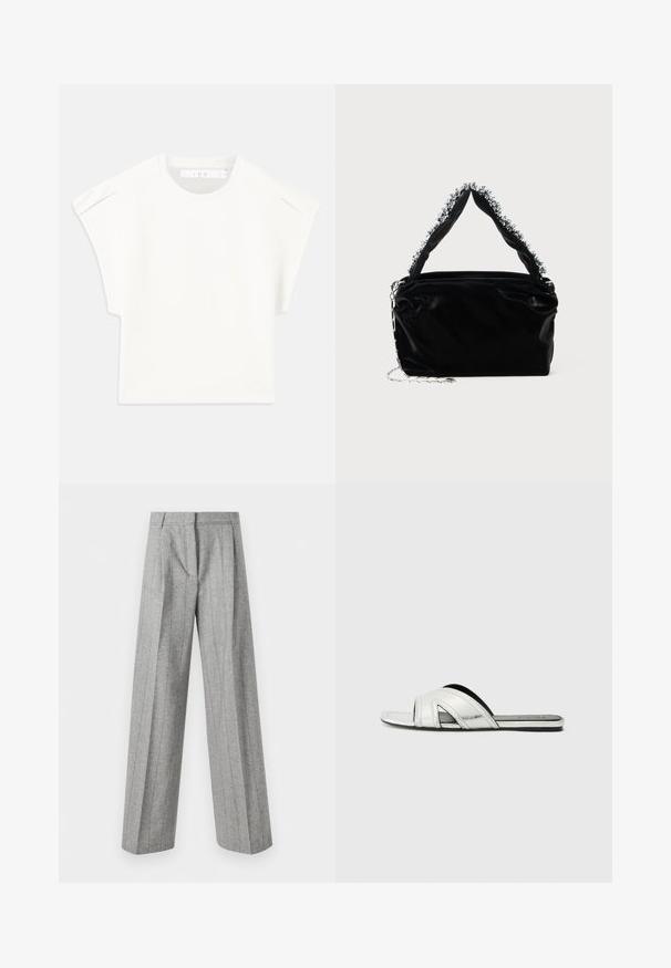 Hvid boxy t-shirt med korte ærmer. Fremstillet af glat stof, med rund halsudskæring og subtile skulderdetaljer. Enkel design.; Høj talje grå bukser med lodrette striber og brede lige ben, præsenteret mod en hvid baggrund.; Sølv flade slidesandaler med metallisk finish, der har et buet stropdesign, udskårne detaljer og en tekstureret sål for bedre greb.; Sort faux læder håndtaske med en tekstureret overflade, der har en perlesmykke i sølv langs det øverste håndtag og en kædestrop.