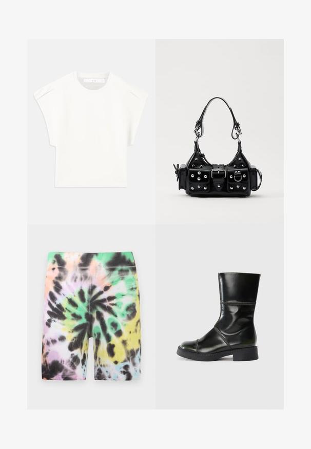 Camiseta blanca de corte cuadrado con mangas cortas. Fabricada con un tejido suave, presenta un escote redondo y sutiles acentos en los hombros. Diseño sencillo.; Shorts de batik con un patrón combinado de colores pasteles: verde, rosa, negro y amarillo. Hechos de una tela suave y elástica.; Botín de cuero negro hasta el tobillo con punta redonda, acabado suave, costuras en contraste y un tacón cuadrado, presentando una silueta ligeramente cónica.; Bolso de mano de cuero negro con un diseño curvado, que cuenta con tachuelas plateadas, una hebilla y dos bolsillos laterales. Correa ajustable para opciones de transporte.