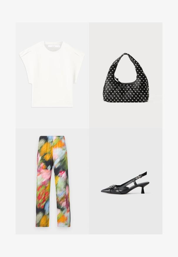 T-shirt bianco a forma scatolare con maniche corte. Realizzato in tessuto liscio, presenta un colletto rotondo e delicati dettagli sulle spalle. Design semplice.; Pantaloni leggeri con motivo floreale e vita elastica, caratterizzati da una fusione di colori vivaci tra cui il rosa, il giallo, il verde e il blu.; Scarpa slingback nera in pelle con punta affusolata, cinturini decorativi con occhielli metallici e tacco basso a blocco. Superficie testurizzata.; Borsa a tracolla in pelle nera con manico curvo, caratterizzata da un motivo di borchie metalliche distribuite uniformemente sulla superficie. Chiusura con zip.