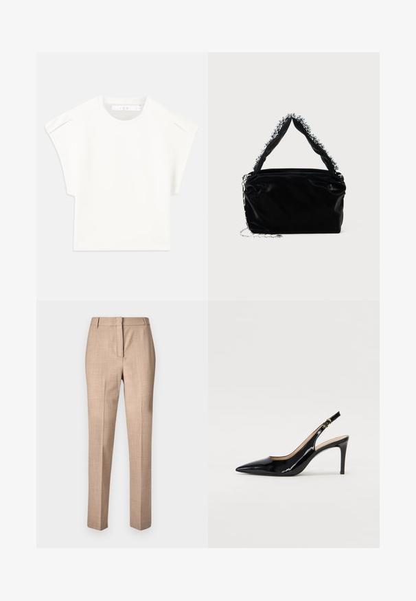 Witte boxy t-shirt met korte mouwen. Gemaakt van soepel materiaal, met een ronde halslijn en subtiele schouderaccenten. Eenvoudig ontwerp.; Beige op maat gemaakte broeken van lichtgewicht stof, met een platte voorkant, taps toelopende benen en zonder zichtbare versieringen of zakken.; Zwarte gepatineerde leren slingback pump met een puntige neus, slanke hak en een subtiel uitgesneden ontwerp. Bevat een gouden gesp op de band.; Zwarte nep leren handtas met een gestructureerde afwerking, voorzien van een bewerkte zilveren accent langs de bovenste handgreep en een schouderband van kettingen.