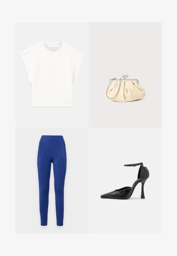 Valkoinen laatikkomainen t-paita lyhyillä hihoilla. Valmistettu sileästä kankaasta, jossa on pyöreä pääntie ja hienovaraiset olkapään korostukset. Yksinkertainen muotoilu.; Tummansiniset aktiiviset legginsit, joissa on korkea vyötärö, sivutaskut ja hillitty brändäys. Valmistettu joustavasta, sileästä kankaasta, jossa on kosteasti istuva muoto.; Mustat korkokengät, joissa on kiiltävä pinta, kärki on terävä, nilkkahihna sekä veistoksellinen stiletto-korko. Sujuva pinta ja tyylikäs muotoilu.; Beige nahkaista kassi, jossa on laskostus ja hopeinen metallirunko, kaksi pyöreää koristeellista solkea sekä hopeaketjuolkayh.