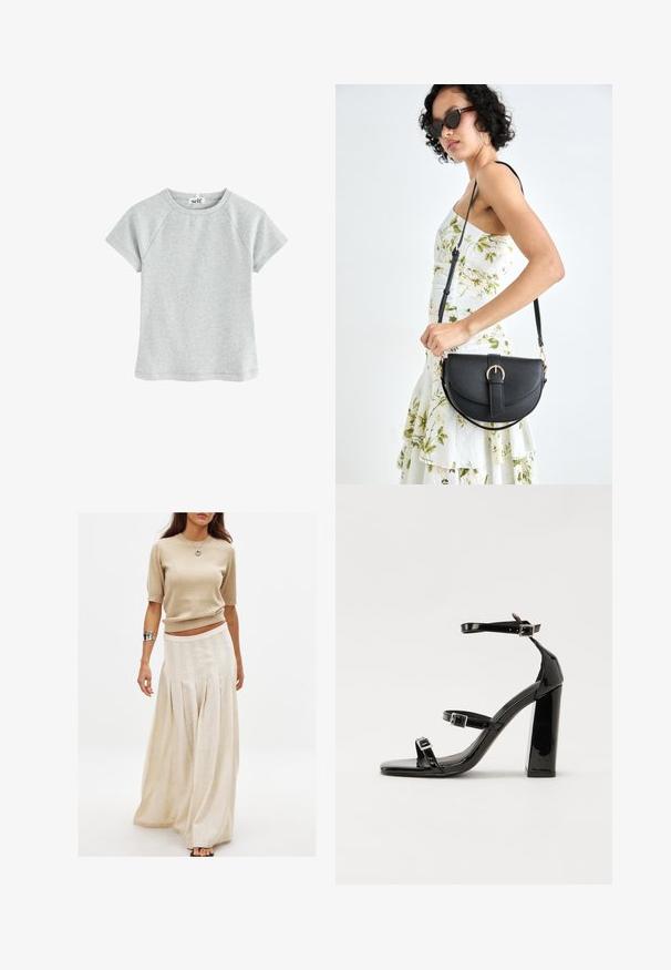 Jasnoszara koszulka z krótkim rękawem, okrągłym dekoltem, wykonana z teksturowanej tkaniny, z raglanowymi rękawami i prostym wykończeniem u dołu.; Beżowy, dziany top z krótkim rękawem połączony z długą, zwiewną kremową spódnicą z pionowymi fałdami i gładką fakturą.; Czarne lakierowane sandały na wysokim obcasie, z dwoma paskami zapinanymi na klamry, kwadratowy nosek i masywny obcas typu słupek, o gładkiej, błyszczącej fakturze.; Czarna skórzana torebka o zakrzywionym kształcie, z odpinanym paskiem i złotymi akcentami. Torebka posiada klapę z zapięciem w kształcie klamry.
