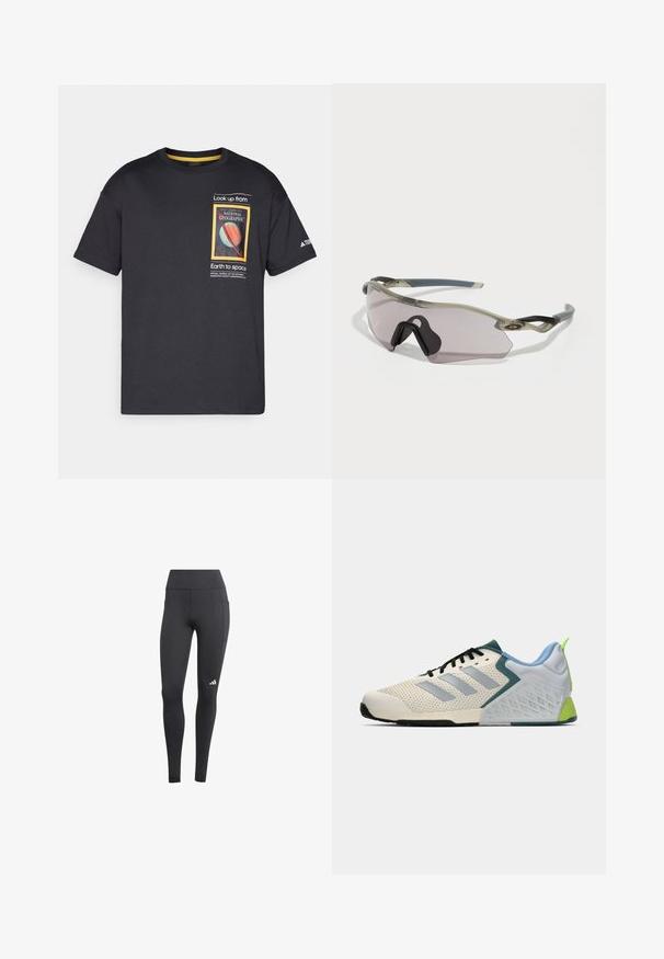 Schwarzes Baumwoll-T-Shirt mit kurzen Ärmeln, das ein farbenfrohes National Geographic-Graphic und Text auf der Vorderseite zeigt, mit kontrastierenden gelben Akzenten.; Schwarze Sportleggings mit hohem Bund, ausgestattet mit einer Seitentasche und einem weißen Logo am unteren linken Bein. Das Material scheint atmungsaktiv zu sein.; Leichte Sportschuhe mit einem cremefarbenen Mesh-Obermaterial, grauen Streifen, einer grünen Akzentfarbe und einer strukturierten blauen Fersenkappe. Schwarze Schnürsenkel.; Sonnenbrille mit einem durchscheinenden grauen Rahmen, getönten Gläsern und angularer Form. Verfügt über ein markantes Nasenteil und strukturierte, dunkelgraue Bügel.