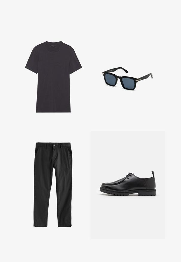 Donkergrijze kortearm t-shirt in een zachte, gladde stof. Ronde halslijn met schone naden en zonder versieringen of patronen.; Zwarte broek van soepel materiaal, met een knoopsluiting, zijzakken en een rechte pijp. Geen zichtbare patronen of textuur.; Zwarte leren veterschoen met een robuuste zool en een aantreklip aan de achterkant, van opzij getoond op een witte achtergrond.; Zwarte vierkante zonnebril met donkere lenzen, matte afwerking en gouden metalen accenten op de poot, met een minimalistisch ontwerp.