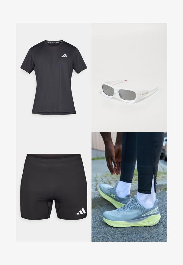 Schwarzes Athletic-T-Shirt mit kurzen Ärmeln und Rundhalsausschnitt, aus leichtem Stoff gefertigt. Auf der Vorderseite befindet sich ein reflektierendes Adidas-Logo.; Schwarze Sportshorts aus Stretchstoff mit enger Passform, Flatlock-Nähten und einem weißen Drei-Streifen-Logo auf der unteren rechten Seite.; Altra EXPERIENCE FLOW - Laufschuh Straße - gray/green; Weiße rechteckige Oakley-Sonnenbrille mit dunklen Gläsern, die auf einer weißen Oberfläche liegt, das Logo ist an der Seite sichtbar.