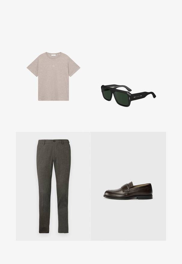 Beige short-sleeve T-shirt made of soft fabric, featuring a minimalist design with a small, light-colored "II" logo at the center.; Slim-fit men's dark gray dress trousers with belt loops, front button, and subtle textured fabric.; Calvin Klein Slip-ons - cocoa brown; Black rectangular sunglasses with green lenses. Features silver accents on the sides and a thick frame, constructed from durable plastic.