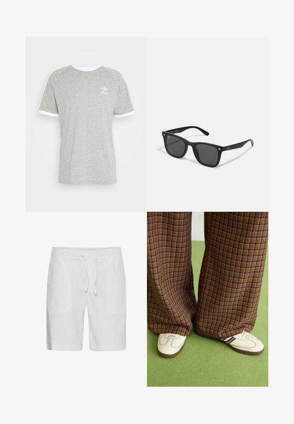 Šedé tričko vyrobené z jemné bavlny, s bílým lemováním na límci a rukávech; malé bílé logo adidas na hrudi.; Casual Friday CFPHELIX LINEN MIX - Šortky - bright white; Hnědo-modré kostkované široké kalhoty doplněné bílými botami s černými akcenty a texturovanou podrážkou, umístěné na zeleném pozadí.; Černé plastové sluneční brýle s tmavými skly. Čtvercový rám s kovovými akcenty a logem na vnější straně stranic.