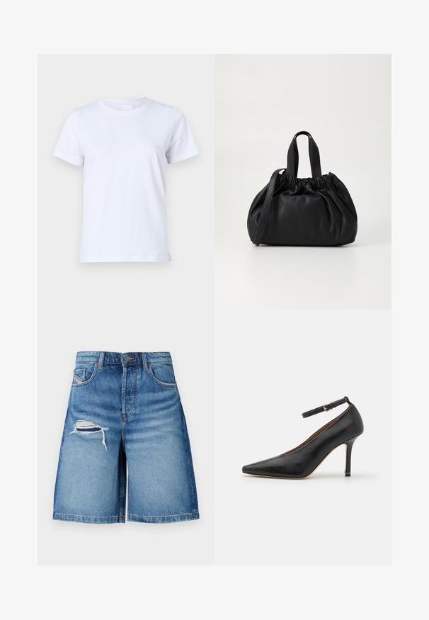 White cotton T-shirt, short sleeves, classic crew neck design, plain texture without patterns or accents, standard fit, simple and versatile.; Blue denim shorts with a relaxed fit, featuring a distressed rip on the left thigh and standard waistband, finishing at mid-thigh length.; Black leather high-heeled shoe with pointed toe, ankle strap, and a thin heel. Smooth texture with a gold accent on the heel base.; Black leather handbag with a gathered top design, featuring two short handles and a long adjustable strap. Smooth texture, rounded shape.