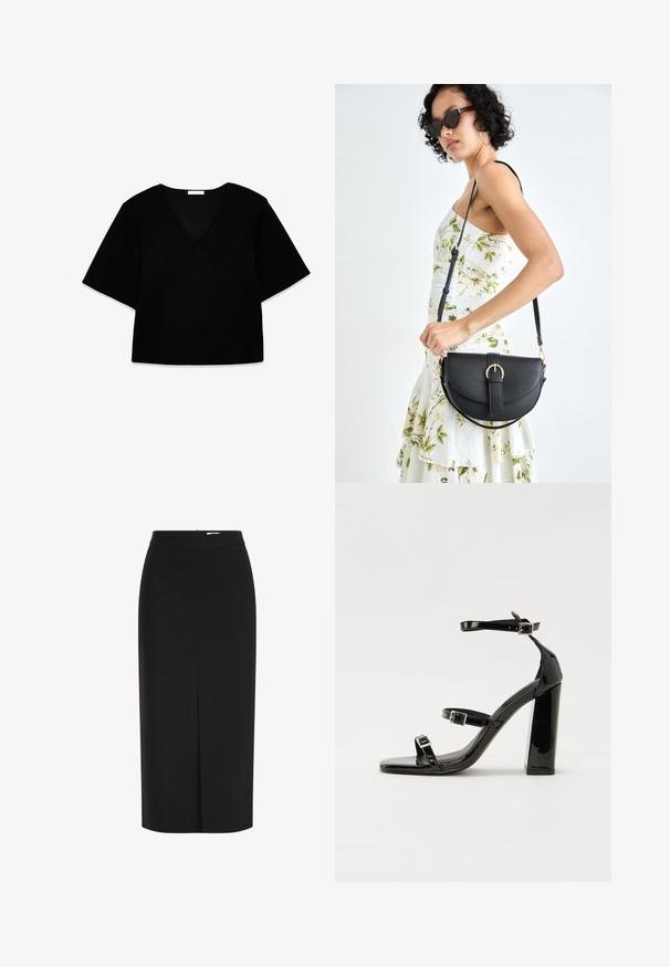 Juodas V-kaklo trumpų rankovių marškinėliai su laisvu siluetu. Pagaminta iš minkštos medžiagos, turi paprastą dizainą ir švarias linijas be raštų ar akcentų.; Juodas iki kelių pieštuko sijonas, pagamintas iš lygaus audinio, turi prigludusią siluetą ir diskretinę užpakalinę įpjovą, leidžiančią lengvai judėti.; Juodos patentuotos aukštakulnės basutės su dviem sagtelėmis, kvadratine nosimi ir stambiu blokiniu kulnu, pasižyminčios lygiu, blizgiu paviršiumi.; Juodas odinis krepšys su išlenkta forma, nuimamu dirželiu ir auksiniais detalėmis. Krepšys turi kilpą su sagtimi.