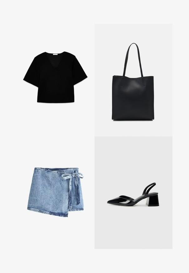 haut noir à col en V à manches courtes avec une coupe ample. Fabriqué en tissu doux, il présente un design simple et des lignes épurées sans motifs ni accents.; Jupe portefeuille en denim bleu clair, dotée d'une fermeture à nouer. Le tissu présente une finition texturée et un ourlet brut avec des détails de couture contrastants.; Escarpins en cuir verni noir avec bout pointu et talon bloc géométrique. Présente un design élégant et minimaliste ainsi qu'une texture lisse.; Sac fourre-tout en cuir noir avec une texture lisse, de forme rectangulaire et deux longues poignées. Pas de matériel ou d'ornementations visibles.