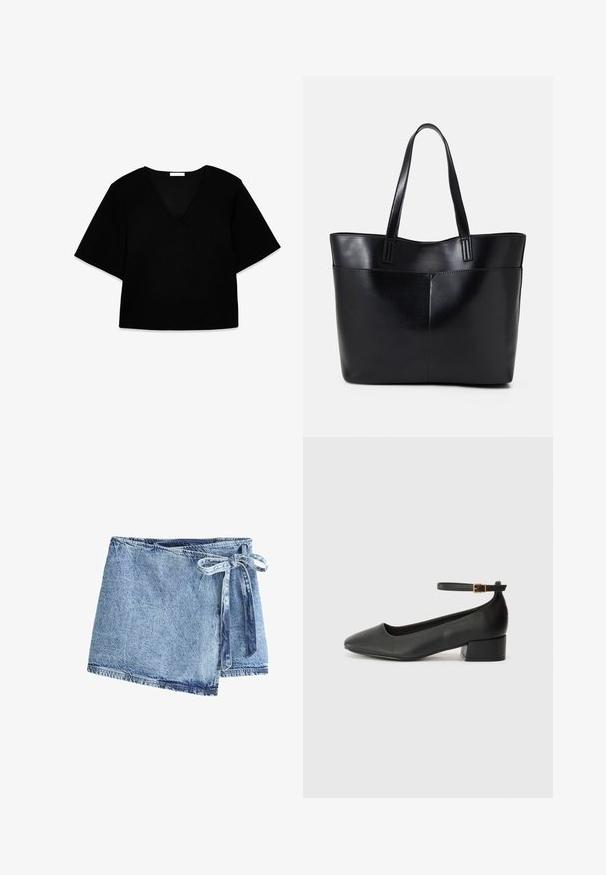 Mustatoon V-kaelusega lühikeste varrukatega topp, millel on lõtv lõige. Valmistatud pehmest kangast, sellel on lihtne disain ja puhtad jooned ilma mustrite või aktsentideta.; Heledsinine denimist mähisseelik, millel on sidumisviis. Kangas on tekstuurse viimistlusega ja toore servaga, millel on kontrasteerivad õmbluse detailid.; Must mustaapp, millel on terav nina ja madal blokk-kand. Omab pahkluu rihma koos kuldse tooni pandlaga. Sile tekstuur.; Must mustaga musta nahast, millel on kaks pikka kanda, sile tekstuur ja struktureeritud kuju. Esipoolsel on lisakoti jaoks tasku.