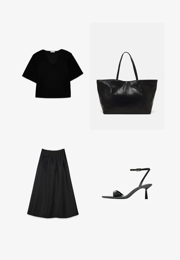 Sort V-hals, kortærmet top med løs pasform. Lavet af blødt stof, den har et enkelt design og rene linjer uden mønstre eller detaljer.; Sort skørt lavet af glat stof med en elastisk talje og plisseringer, der har et flydende design, der strækker sig til midt på læggen.; Bershka Højhælede sandaletter / Højhælede sandaler - black; Sort vævet tote bag med to robuste håndtag, der har en blank overflade og et rummeligt åbent top design.