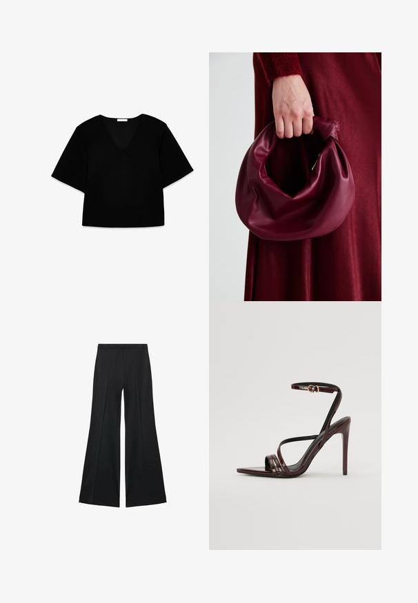Zwarte V-hals top met korte mouwen en een losse pasvorm. Gemaakt van zachte stof, heeft het een eenvoudig ontwerp en strakke lijnen zonder patronen of accenten.; Zwarte wijde-pijpen broek met een gladde textuur, gekenmerkt door voorplooien en een op maat gemaakte uitstraling. De stof is lichtgewicht en vloeiend.; Bordeaux gepatineerde leren hoge hakken sandaal met een enkelbandje, puntige neus en drie horizontale banden over de voet. Details met gouden gesp.; Bordeaux leren handtas met een zacht, gegathered ontwerp en een ronde vorm. De handgreep is stevig bevestigd en toont een gladde textuur.